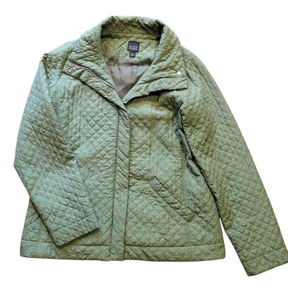 Eileen Fisher Jacket Women's Small Petite Green Quilted Silk Snap Zip Up